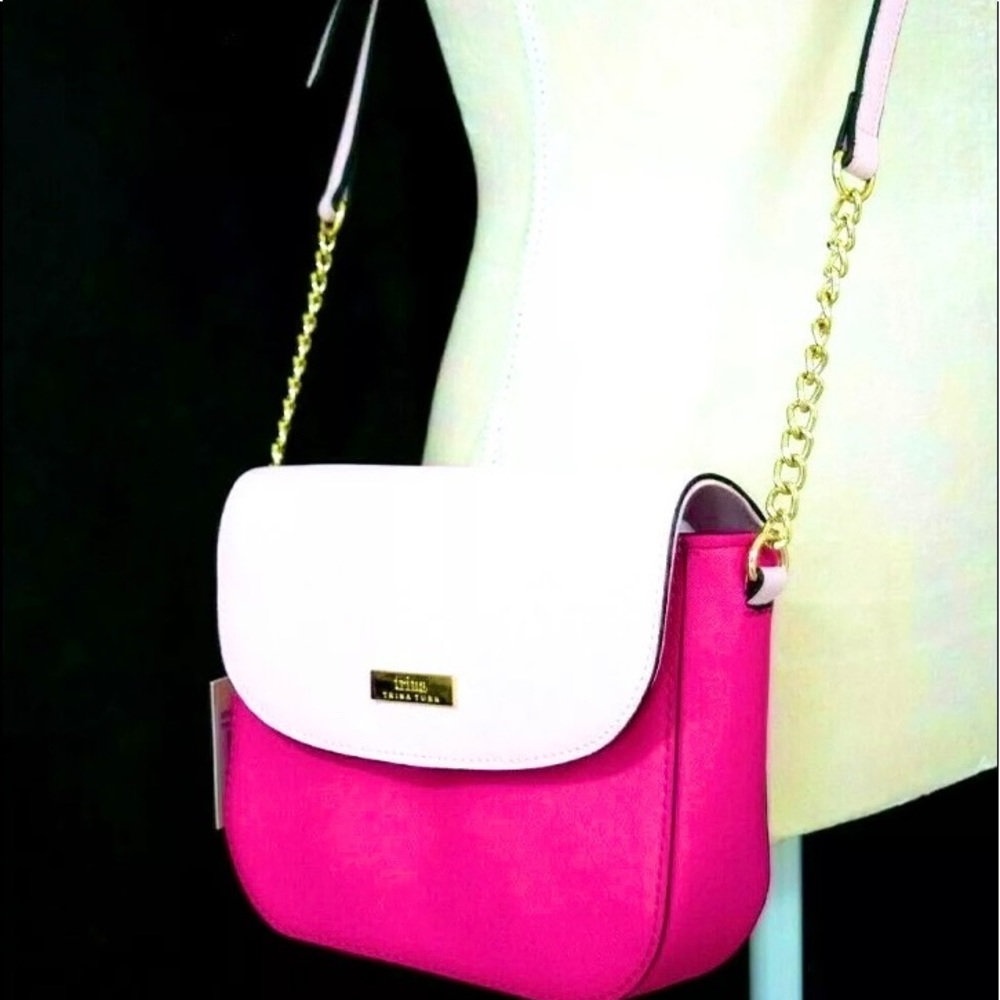 NEW Trina Turk ColorBlock Crossbody Purse Bag Light Pink Fuchsia Metal c…